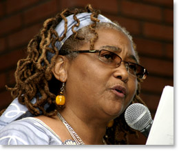 Alice Lovelace reading her poetry at a reception for Yes! Magazine during the 2007 United States Social Forum in Atlanta. Photo by Nic Paget-Clarke.