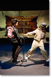 Johnny (Daisuke Tsuji, left) and Ralf (Stephanie Beatriz) perform for an episode of a Manzanar radio broadcast. Photo by Jenny Graham.