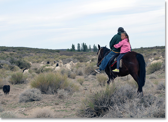A young girl and (perhaps) her grandmother -- Childcare while herding goats along the traditional paths for moving goat herds as the seasons change.  Close to the foothills of the Andes Mountains, in the Chos Milal department, Neuquén Province, Argentina. Photo by Nic Paget-Clarke.