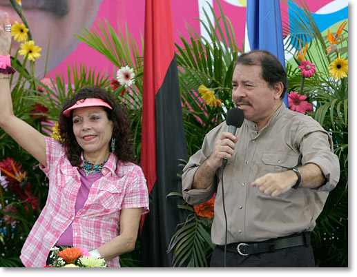 President Daniel Ortega Saavedra of Nicaragua and his wife Rosario Murillo at the 29th anniversary of the Repliegue Tactico a Masaya in Managua, Nicaragua. Photo by Nic Paget-Clarke.