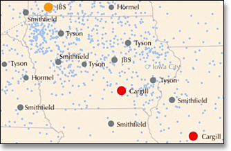 Top Pork Packers and Hog Operators in the Midwest (partial map from white paper: "The Anticompetitive Effects of the Proposed JBSCargill Pork Packing Acquisition.")