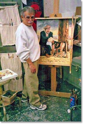 Oscar Lopez at the easel, painting of former prisoner Carlos Alberto Torres with his dog. All painting images courtesy of Oscar López Rivera and the National Boricua Human Rights Network.
