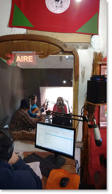 "On Air". Broadcasting by Radio LA ARRIERA, the radio station established by  La Mesa Campesina del Norte Neuquino in September 2015. Photo courtesy Radio LA ARRIERA.