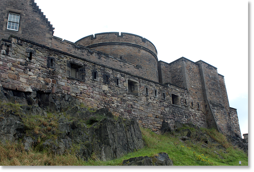 Looking up at a portion of the outside wall of Edinburgh Castle.