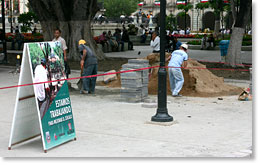 Removal of the original historic paving stones in Oaxaca's zocalo