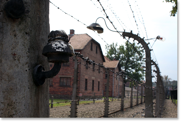 Electrified fences at the Auschwitz concentration camp nearby to Birkenau. 1.3 million people were brought to Auschwitz, including "1.1 million Jews, 140,000 Poles, 23,000 Roma, 15,000 Soviet prisoners of war, and 25,000 prisoners of other nationalities." (The Auschwitz-Birkenau Memorial Guide Book) Photo by Nic Paget-Clarke.