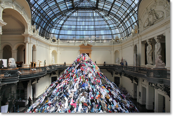 "Almas" by French sculptor Christian Boltanski being constructed in the Museo de Bellas Artes in Santiago, Chile. The sculpture is composed of used clothes. Photo by Nic Paget-Clarke.