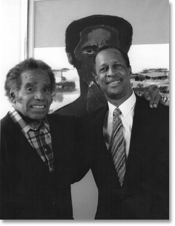 Manuel Zapata Olivella (left) and Ja A. Jahannes (right), August 1993, Bogotá, Colombia. Photo by Magdalena Agüero.