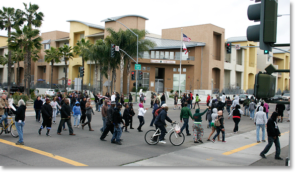 Demanding Justice for Trayvon Martin. The march circles in an intersection in City Heights. Photo by Nic Paget-Clarke.