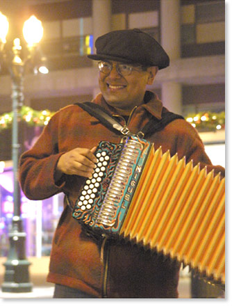 Multi-instrumentalist, musician Miguel Govea performs downtown San Jose, California.. Photo by Nic Paget-Clarke.