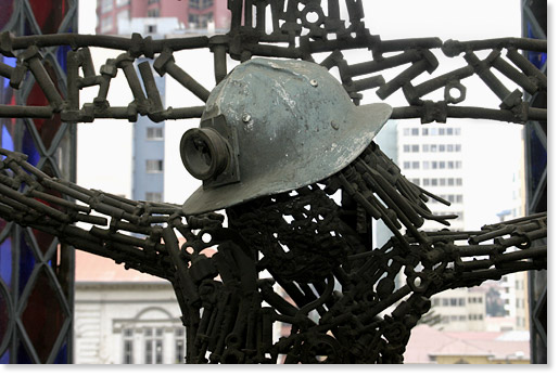 "Minero Crucificado" (1998-1999) by Bolivian sculptor Hans Hoffman, Museo de Arte Contemporaneo Plaza, La Paz, Bolivia.