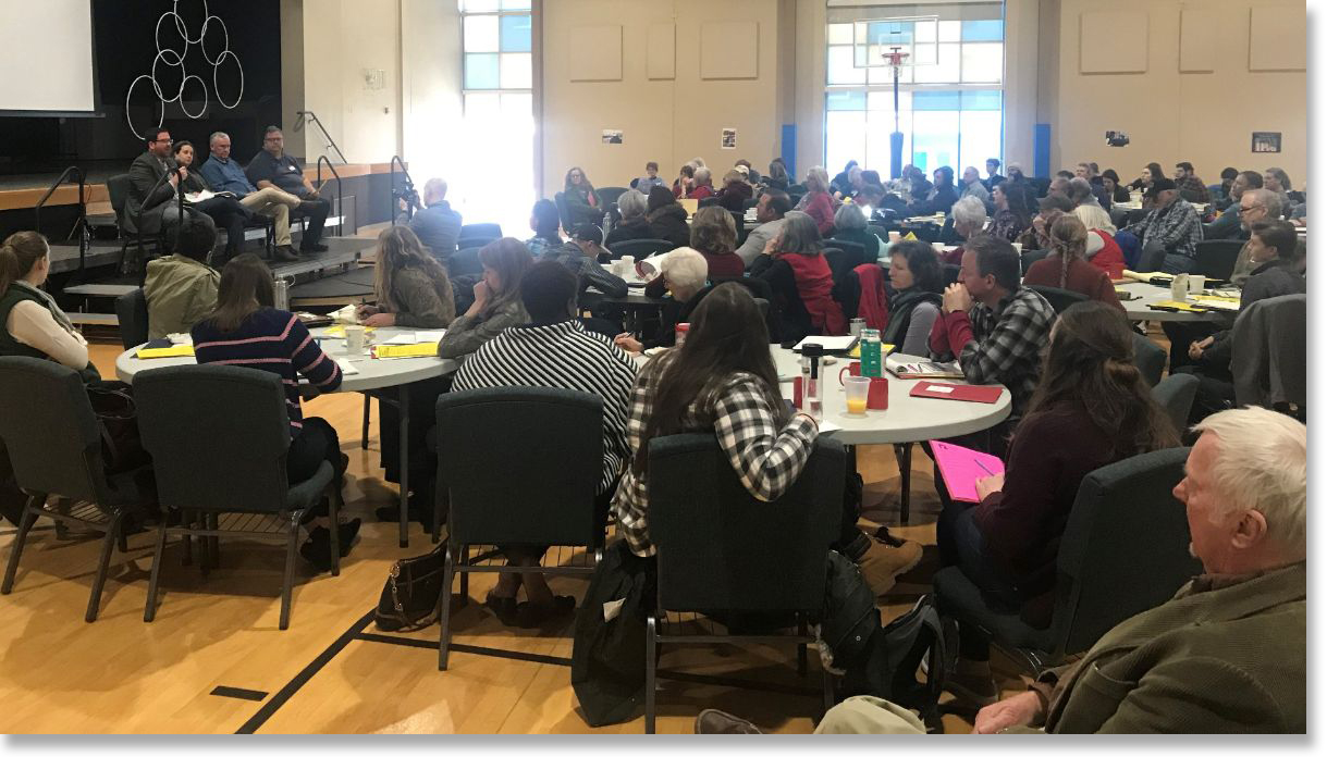Over 130 people from all corners of Missouri gather together to take action against corporate-controlled factory farms. (January 2019.) Photo courtesy Missouri Rural Crisis Center.